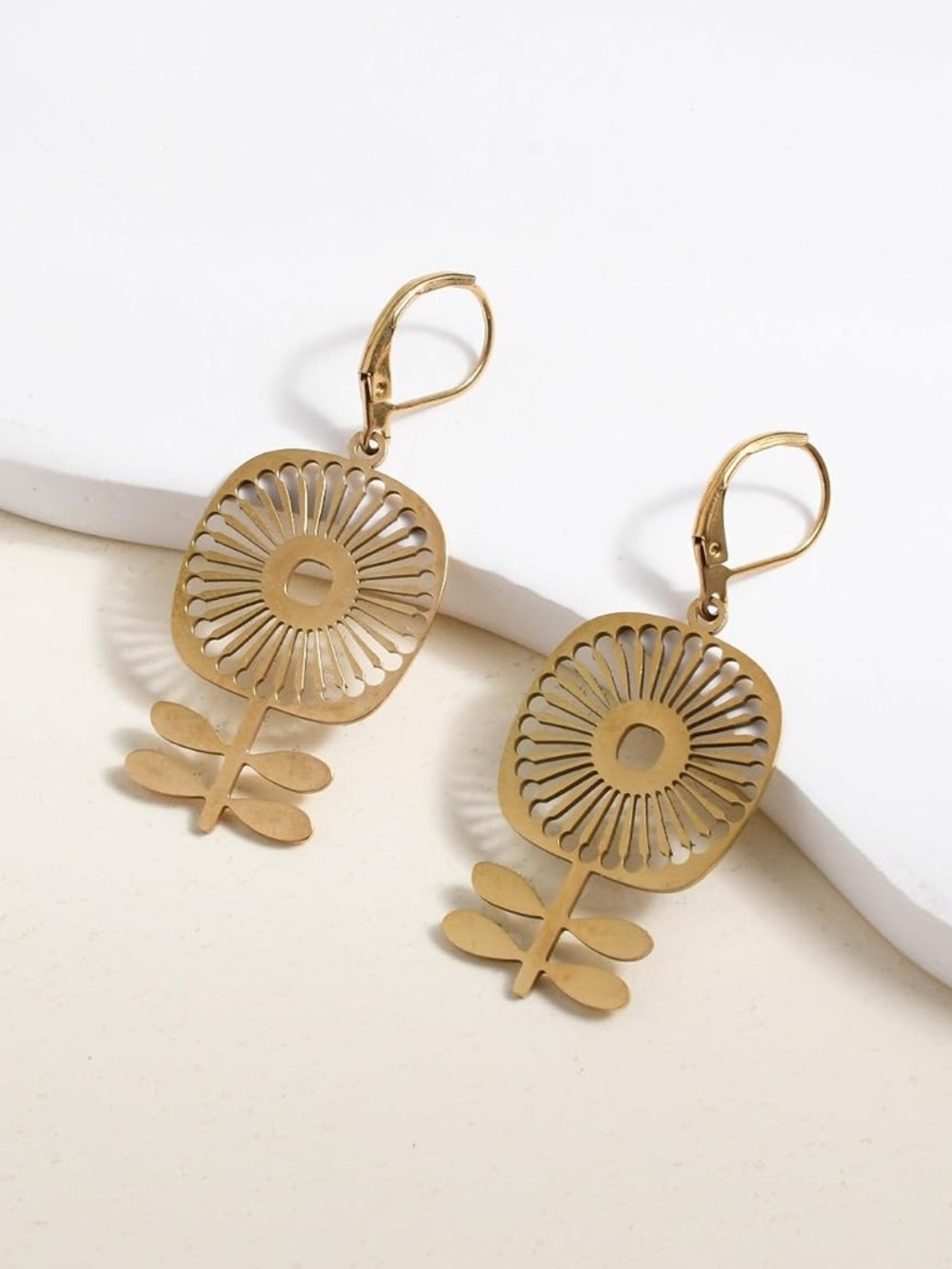Anthropologie Brushed Gold Floral Cutout Drop Earrings